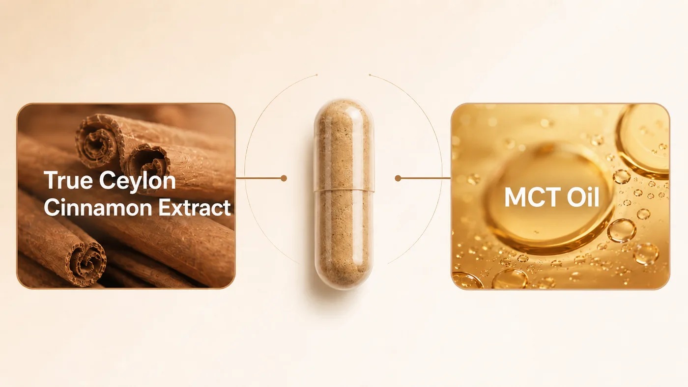 Ceylon cinnamon extract and MCT oil inside a Cinna Shield capsule